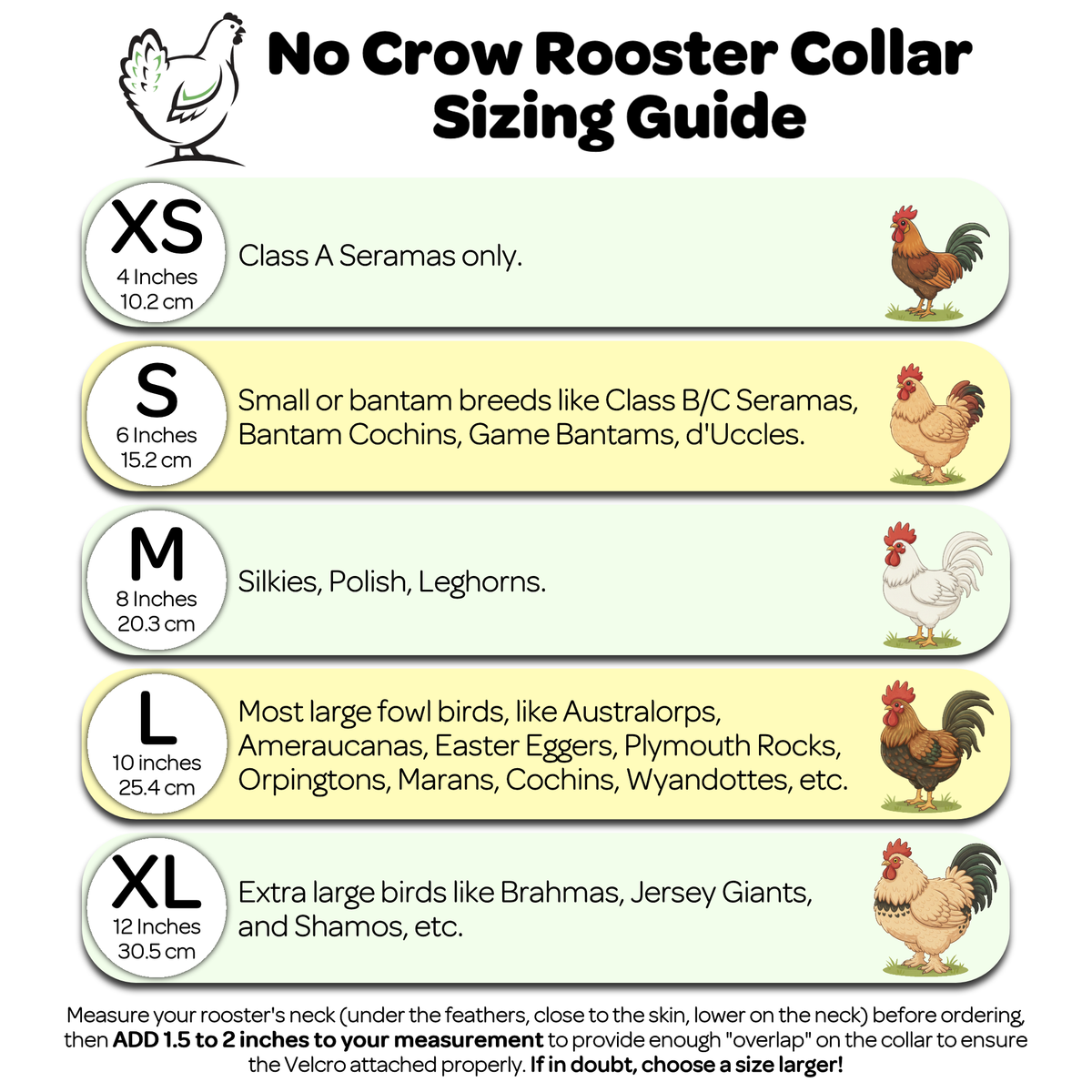 No Crow Rooster Collar sizing guide: XS 4in, S 6in, M 8in, L 10in, XL 12in by breed