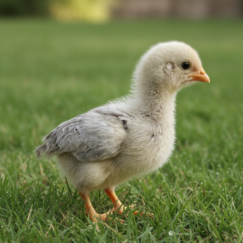 An Opal Legbar baby chick stands on grass.