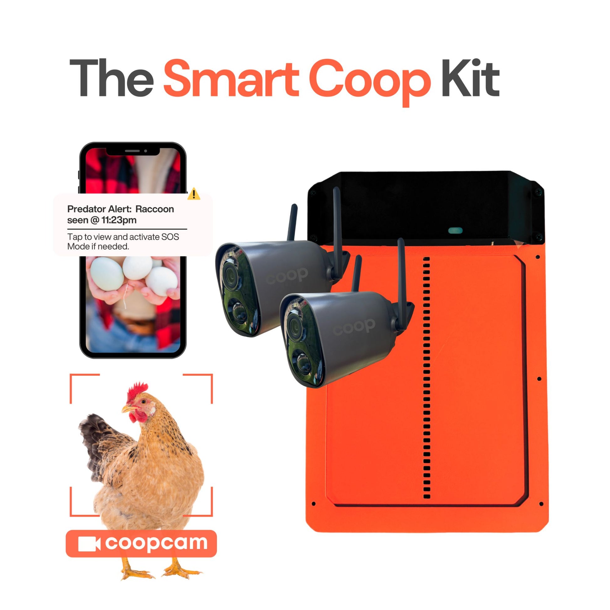 The Smart Coop Kit includes 2 WiFi cameras and an automatic chicken coop door. 