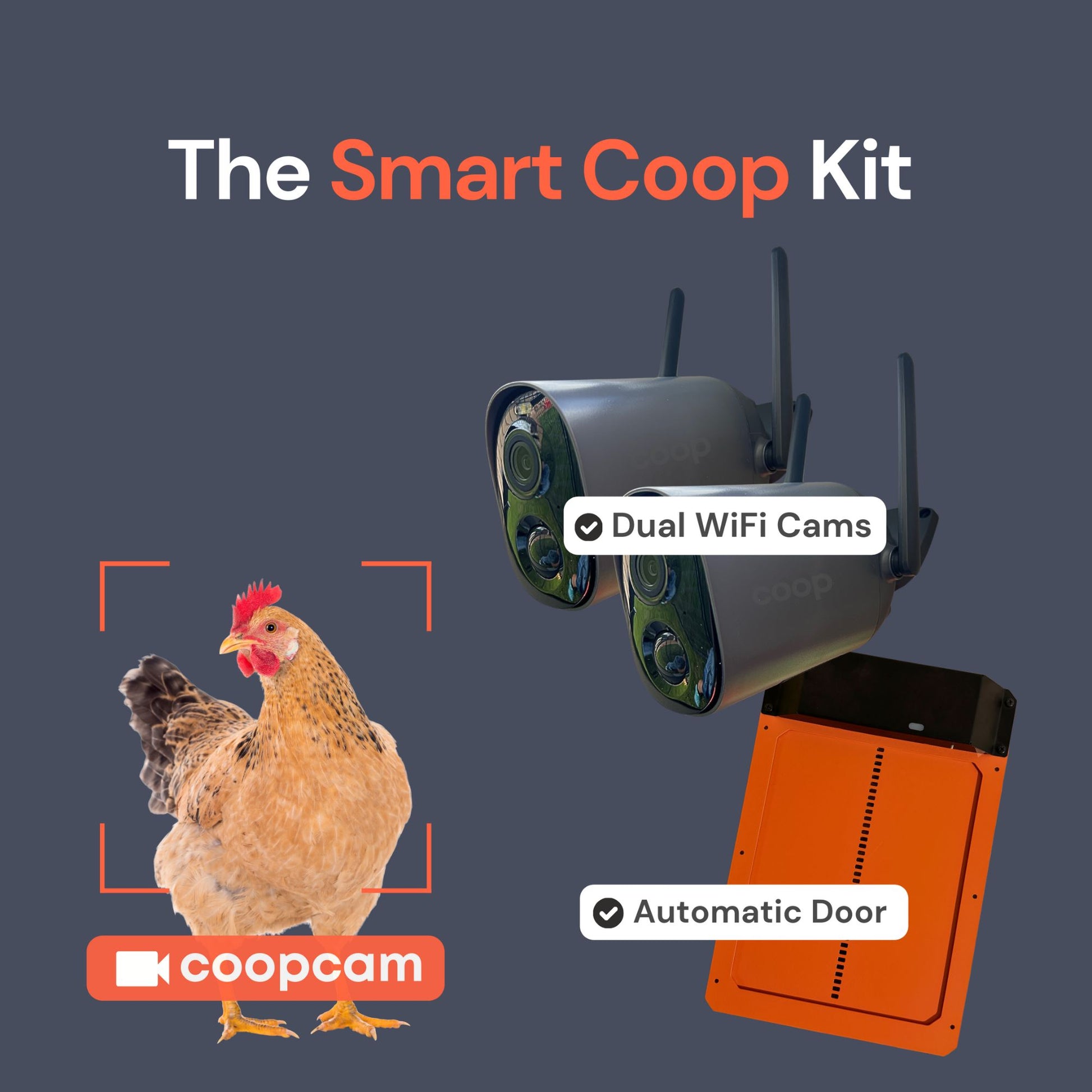 The Smart Coop Kit includes 2 cameras and an automatic coop door. 
