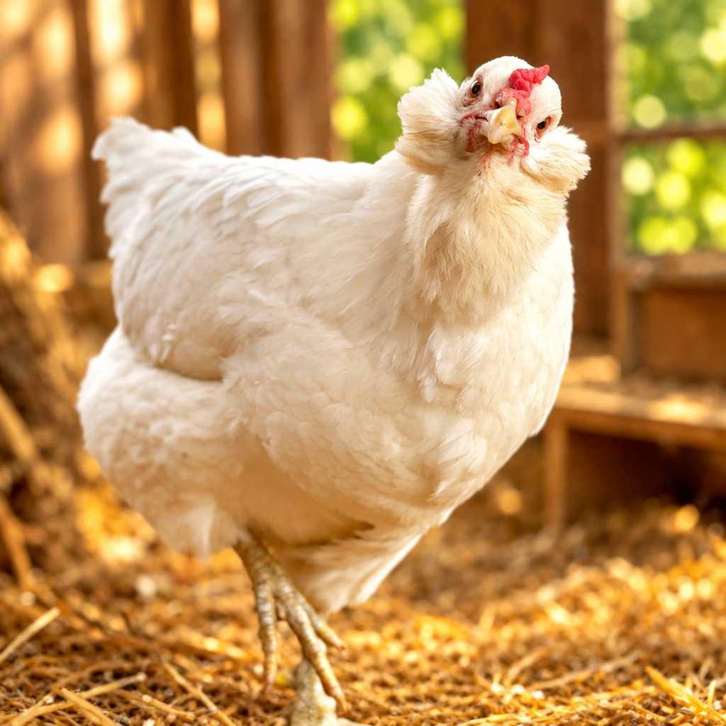 Bountiful Blue Egg Layer breed pullet standing in grass, side view

