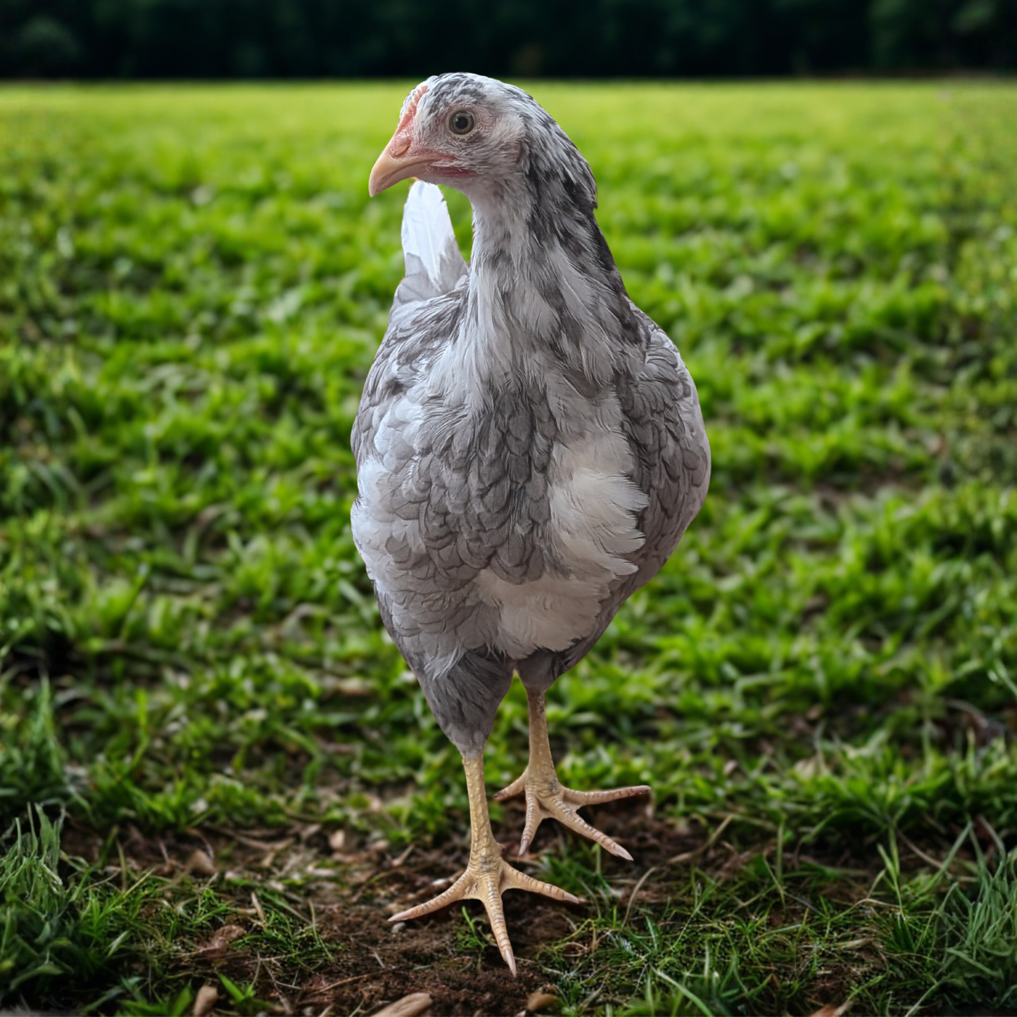 A Swedish Flower Hen stands in a field of green grass. 