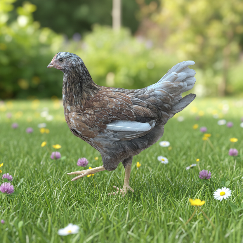 A Swedish Flower Hen stands in a flower field.
