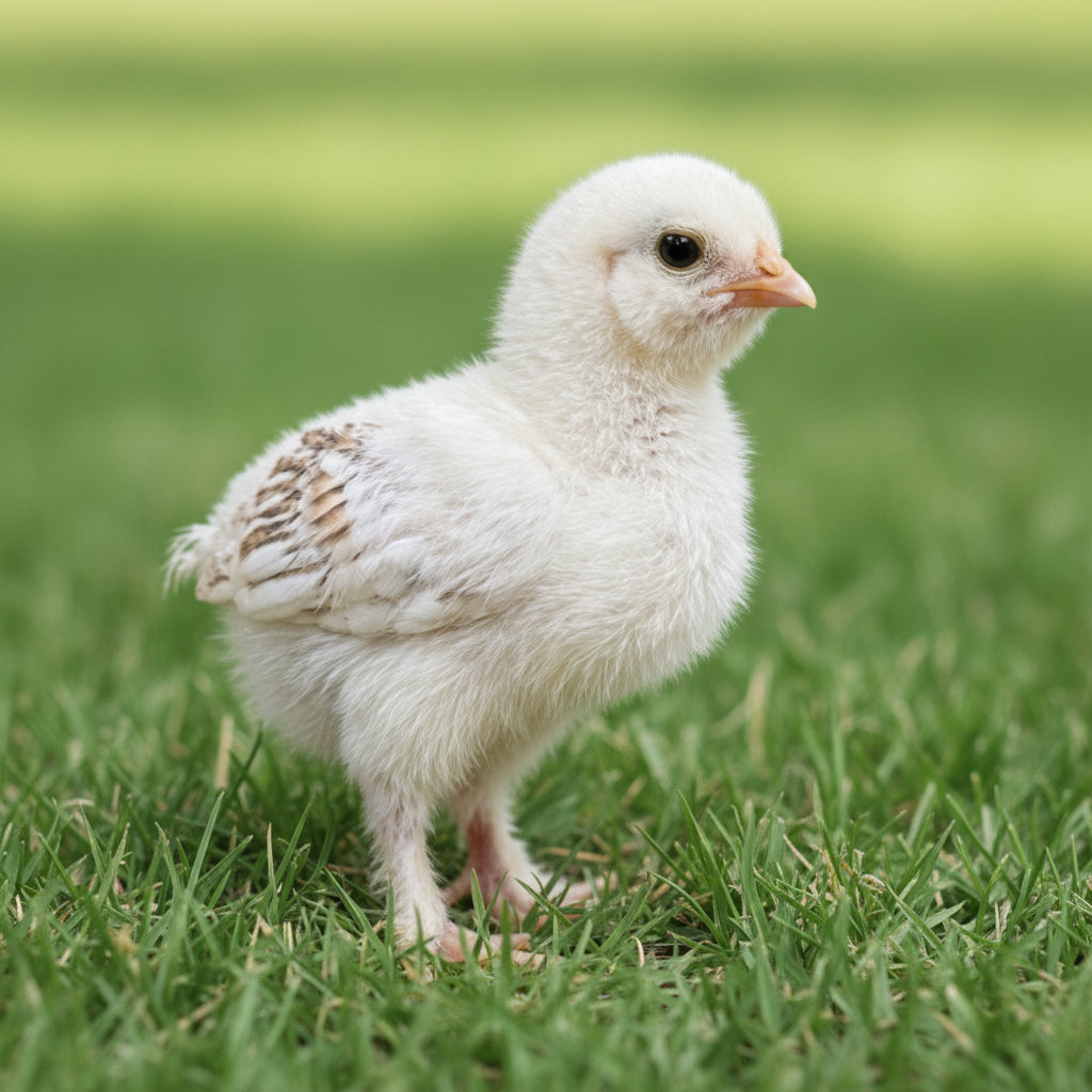 A Wheaten Olive Egger chick stands in green grass.
